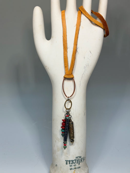 MIXED MEDIA ADJUSTABLE DEER SUEDE LEATHER WITH TURQUOISE AND CORAL LCN2068