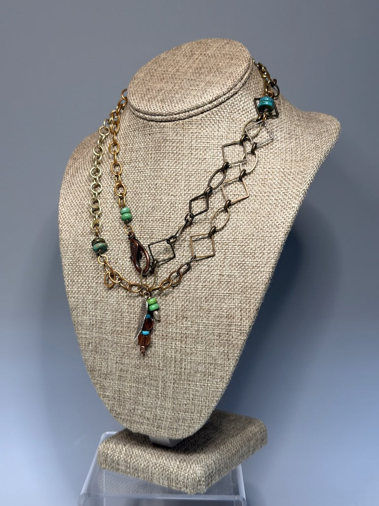 MIXED METAL AND TURQUOISE LONG STATEMENT NECKLACE  LCN2069.1