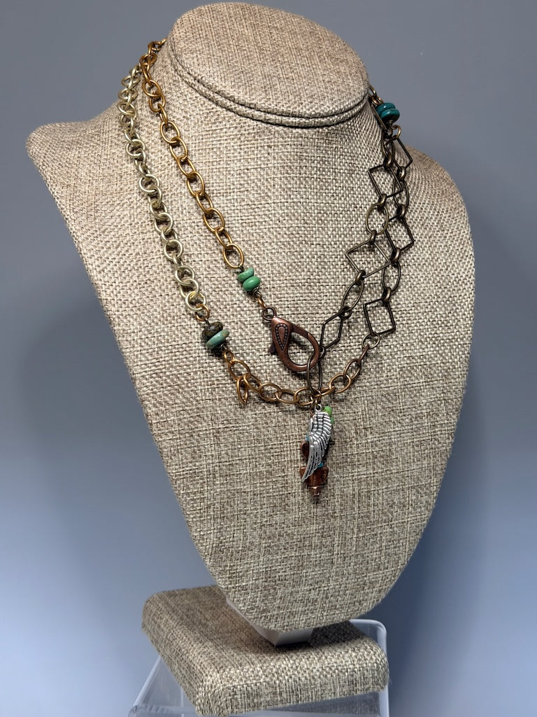 MIXED METAL AND TURQUOISE LONG STATEMENT NECKLACE  LCN2069.1