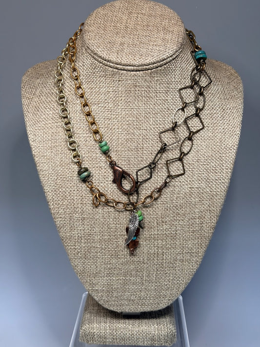 MIXED METAL AND TURQUOISE LONG STATEMENT NECKLACE  LCN2069.1