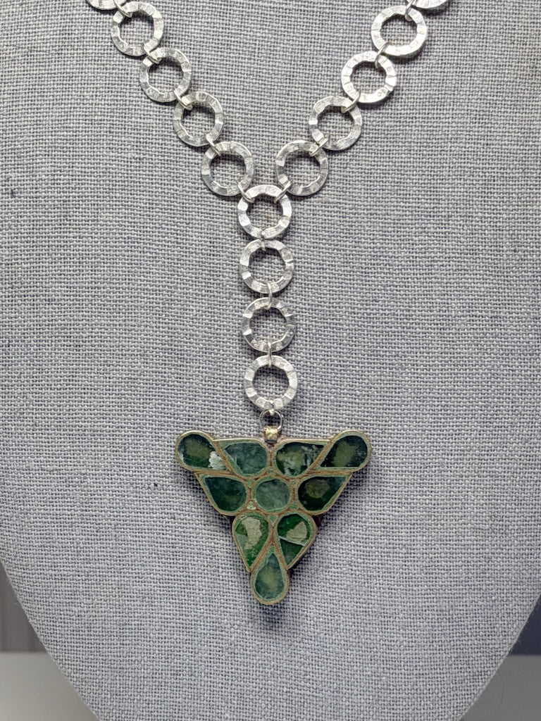 STERLING SILVER DISC NECKLACE WITH ADVENTURINE TRIANGLE PENDANT LCN1079