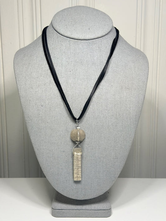 OXIDIZED STERLING SILVER LEAF AND BAR PENDANT WITH BLACK LEATHER  LCN2081