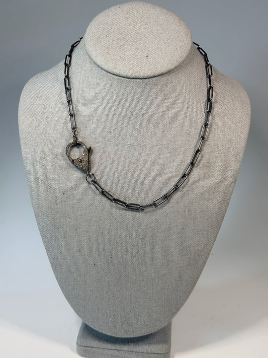 OXIDIZED STERLING SILVER CHAIN NECKLACE WITH LARGE NATURAL DIAMOND LOBSTER CLAW CLASP LCN2089