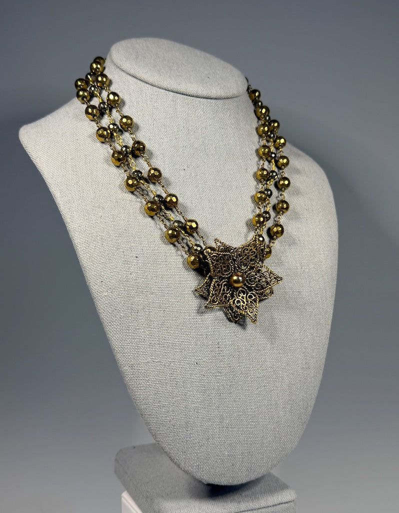 GOLD PYRITE TRIPLE CHAIN NECKLACE WITH VINTAGE BROOCH LCN2091