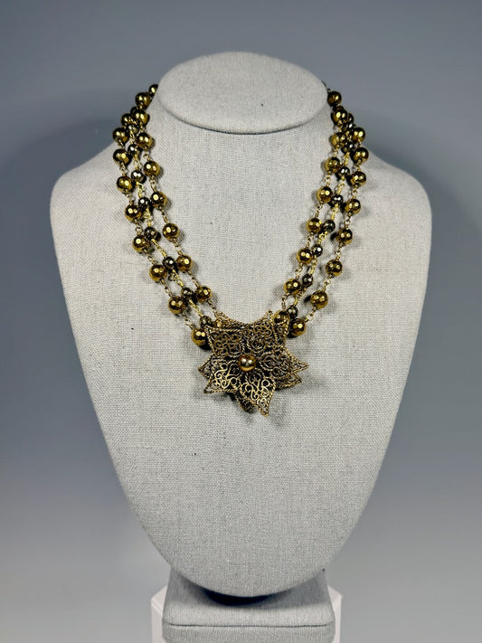 GOLD PYRITE TRIPLE CHAIN NECKLACE WITH VINTAGE BROOCH LCN2091