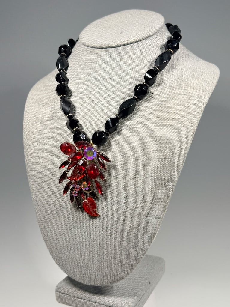 BLACK ONYX STATEMENT NECKLACE WITH VINTAGE RED CRYSTAL BROOCH LCN2092