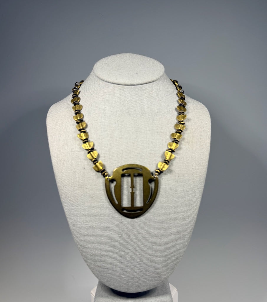 BRASS STATEMENT NECKLACE WITH VINTAGE BRASS BUCKLE LCN2095