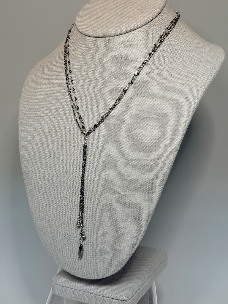 TRIPLE STERLING SILVER CHAIN NECKLACE WITH LONG TRIPLE DROP LCN2096