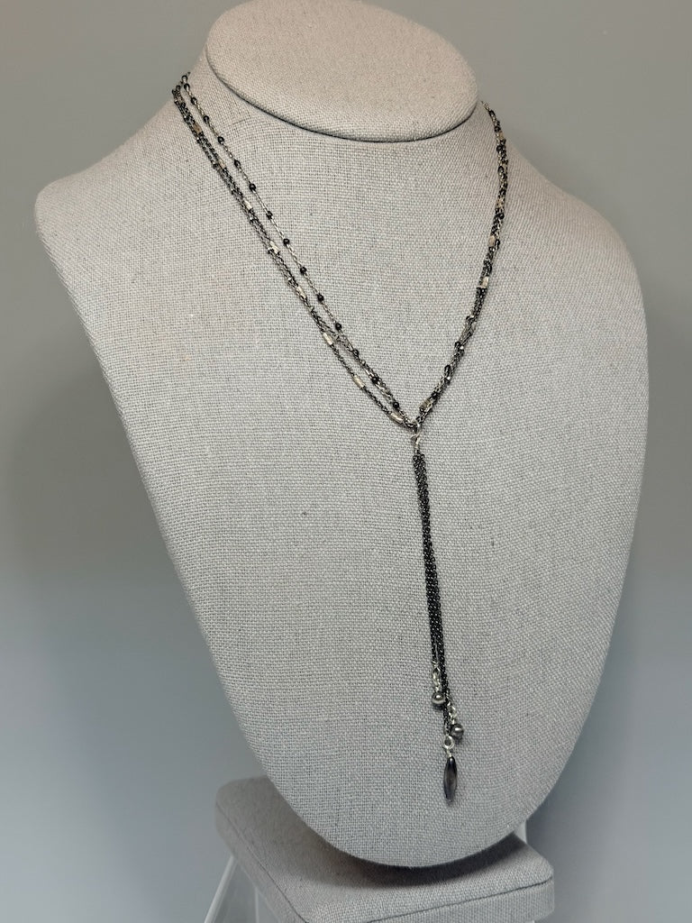 TRIPLE STERLING SILVER CHAIN NECKLACE WITH LONG TRIPLE DROP LCN2096