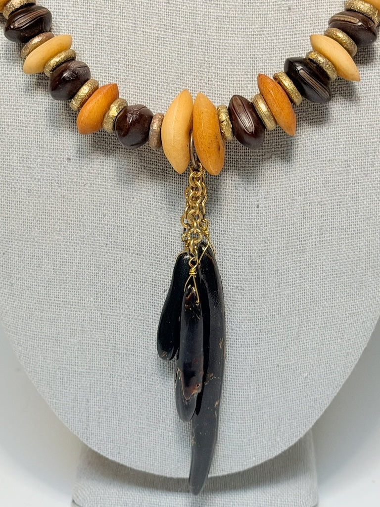 MIXED MEDIA STATEMENT NECKLACE WITH WOOD, BRASS, GLASS & BLACK CORAL LCN3000