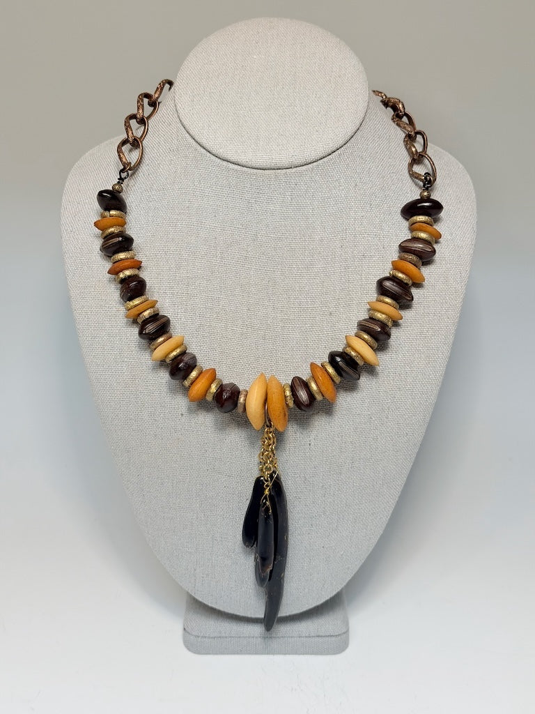 MIXED MEDIA STATEMENT NECKLACE WITH WOOD, BRASS, GLASS & BLACK CORAL LCN3000