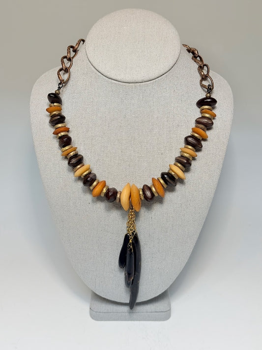 MIXED MEDIA STATEMENT NECKLACE WITH WOOD, BRASS, GLASS & BLACK CORAL LCN3000