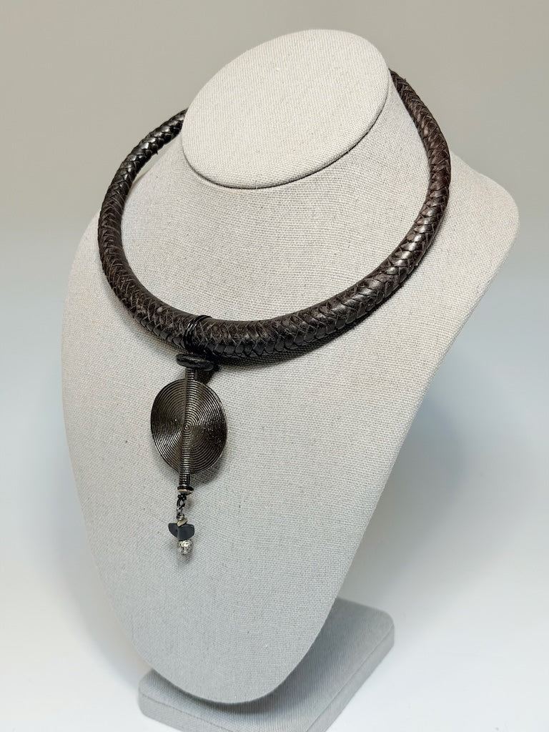 HANDMADE BLACK LEATHER NECKLACE WITH HEMATITE, BLACK GLASS & LAVA STONE LCN3002
