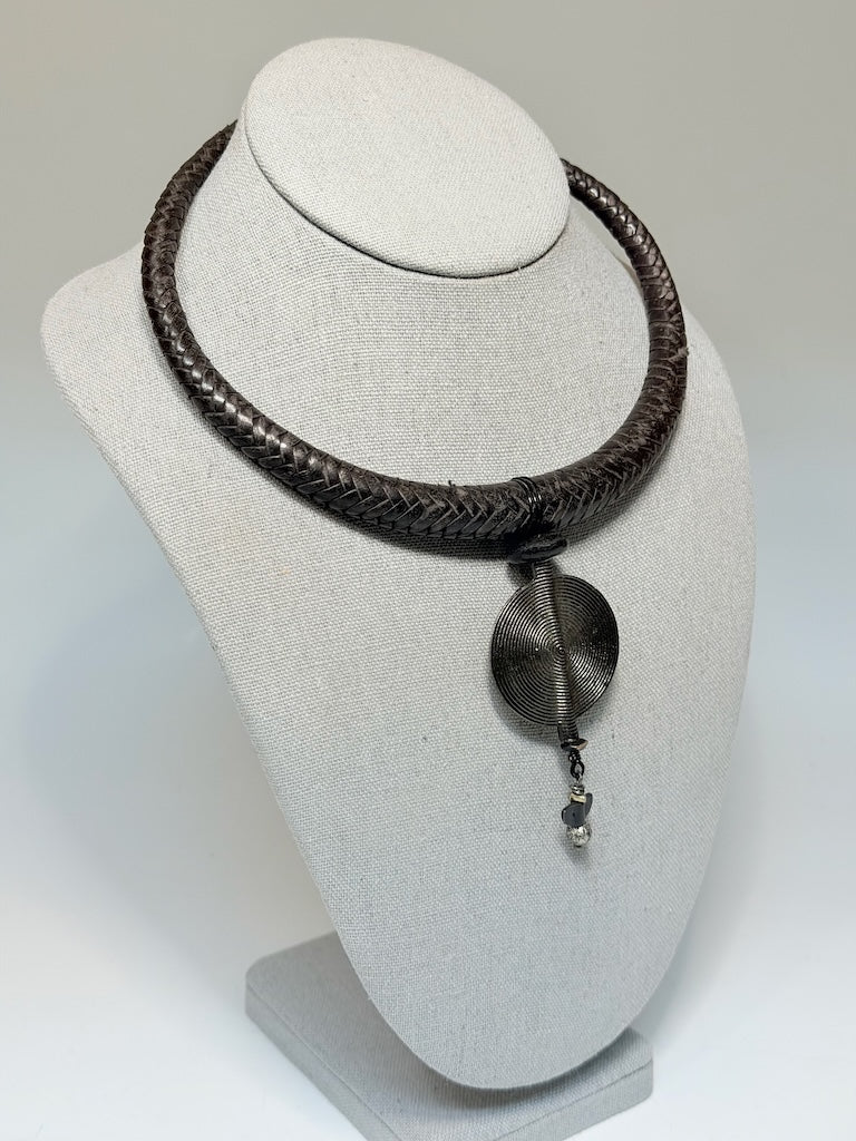 HANDMADE BLACK LEATHER NECKLACE WITH HEMATITE, BLACK GLASS & LAVA STONE LCN3002