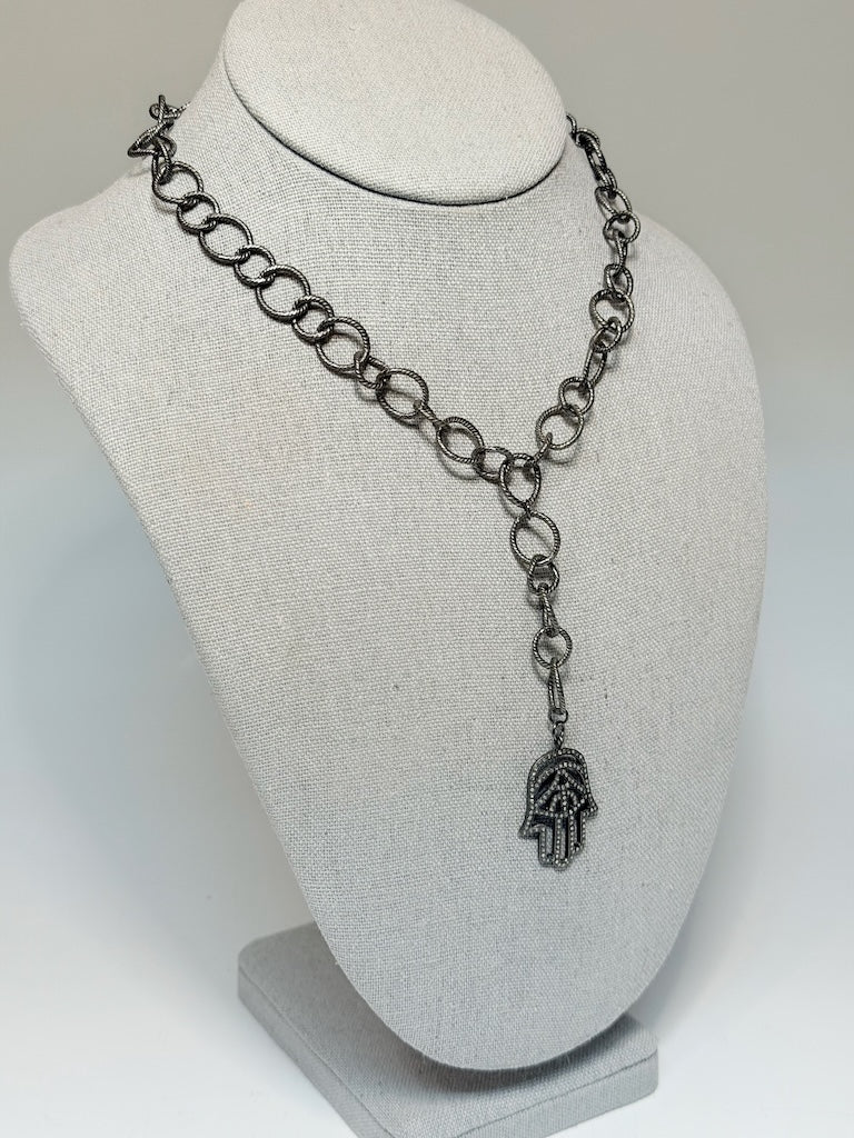 OXIDIZED STERLING SILVER CHAIN WITH HANSMA HAND PENDANT WITH NATURAL DIAMONDS LCN3003