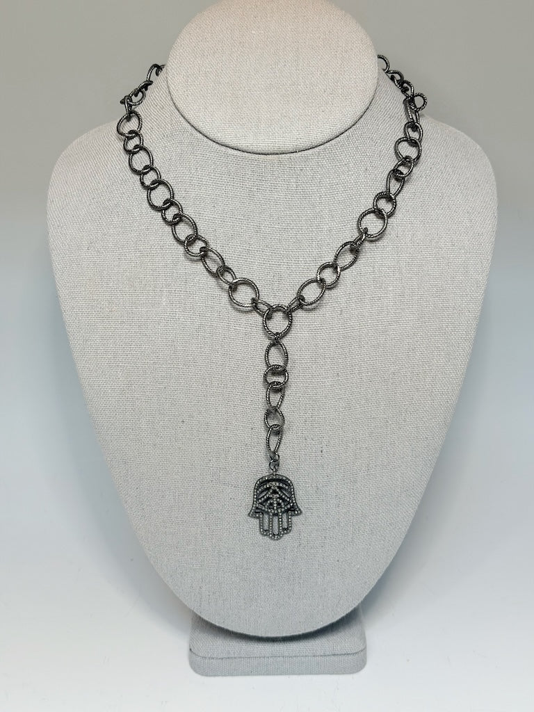OXIDIZED STERLING SILVER CHAIN WITH HANSMA HAND PENDANT WITH NATURAL DIAMONDS LCN3003