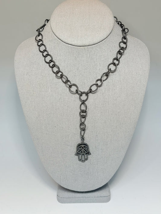 OXIDIZED STERLING SILVER CHAIN WITH HANSMA HAND PENDANT WITH NATURAL DIAMONDS LCN3003