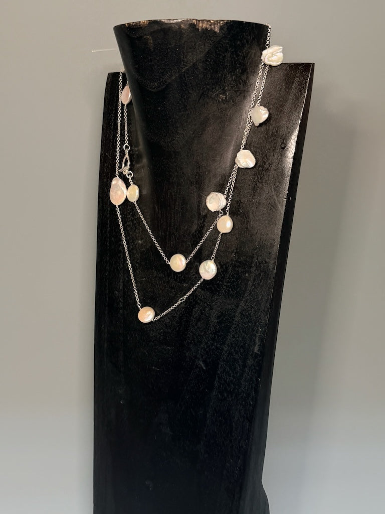 STERLING SILVER AND FRESH WATER PEARL LONG DOUBLE WRAP NECKLACE LCN3010