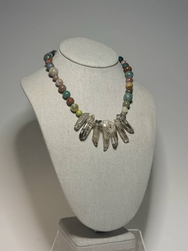 INDIAN JASPER AND QUARTZ SPIKE STATEMENT NECKLACE LCN3031