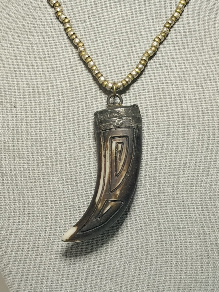 HANDMADE WHITE AND YELLOW BRASS CHAIN WITH CARVED BONE PENDANT LCN3033