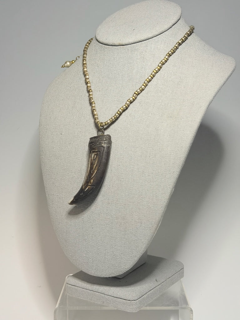 HANDMADE WHITE AND YELLOW BRASS CHAIN WITH CARVED BONE PENDANT LCN3033