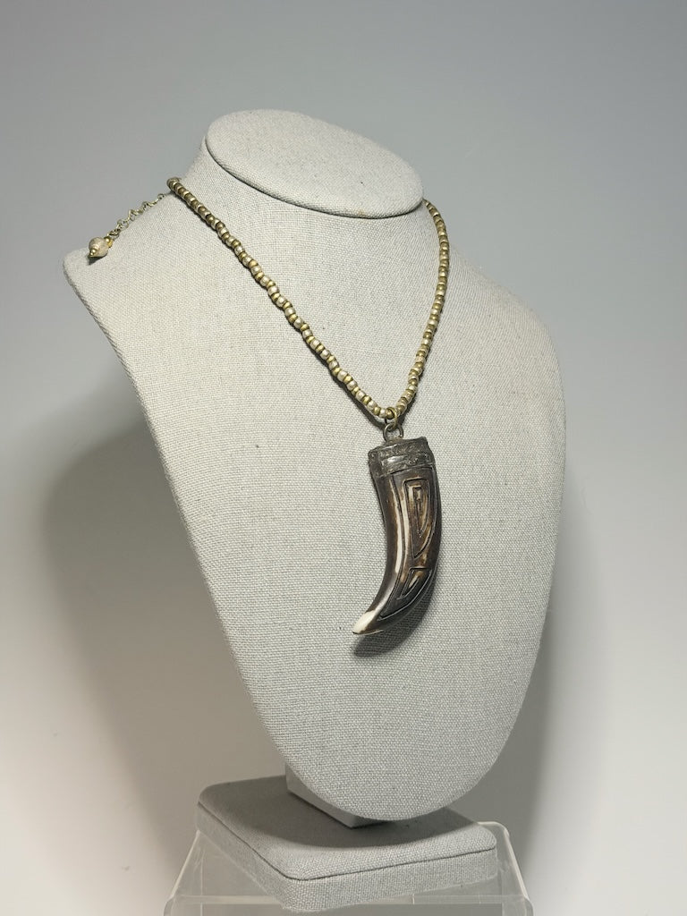 HANDMADE WHITE AND YELLOW BRASS CHAIN WITH CARVED BONE PENDANT LCN3033