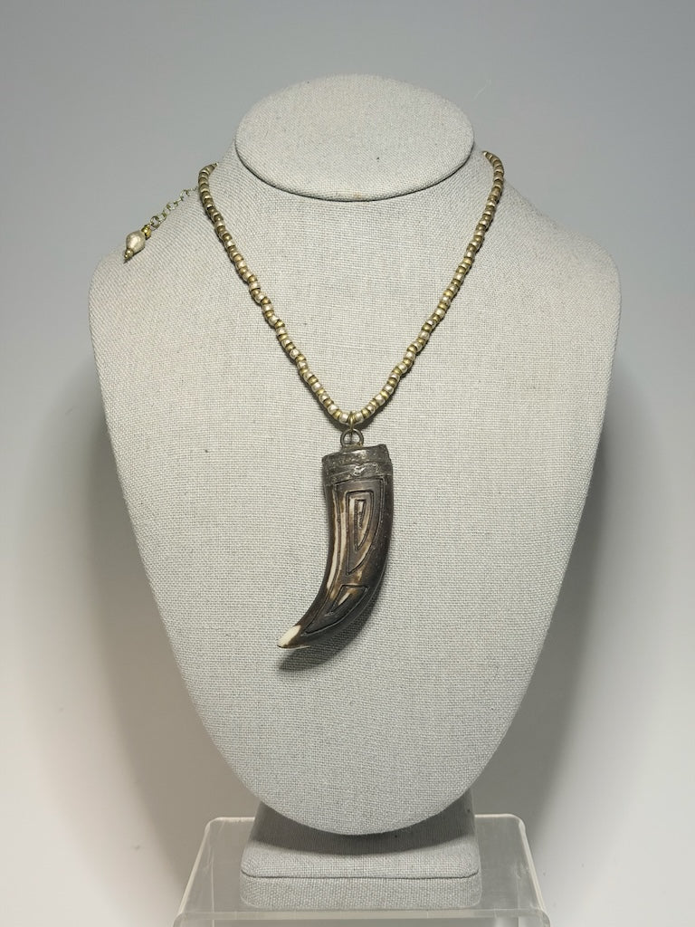 HANDMADE WHITE AND YELLOW BRASS CHAIN WITH CARVED BONE PENDANT LCN3033