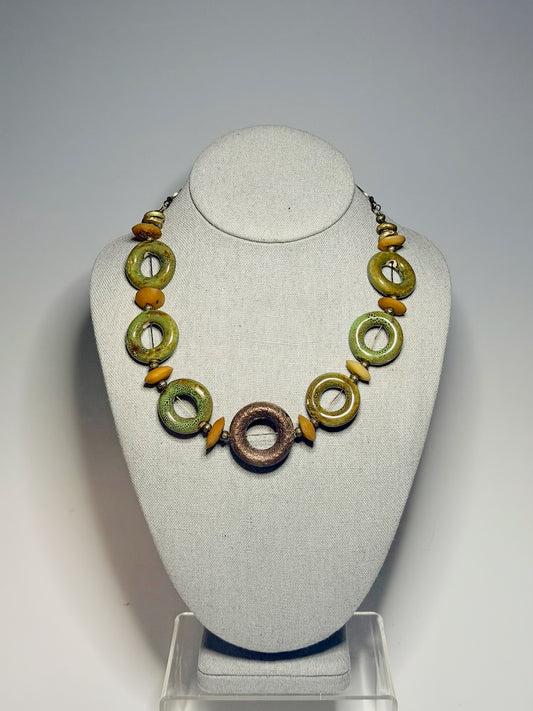 CERAMIC CIRCLE NECKLACE WITH AFRICAN TRADE BEADS AND COPPER CENTER CIRCLE PENDANT LCN3039
