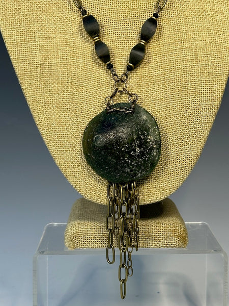 ANCIENT ROMAN GLASS PENDANT WITH BRASS AND MALACHITE STATEMENT NECKLACE  LCN547