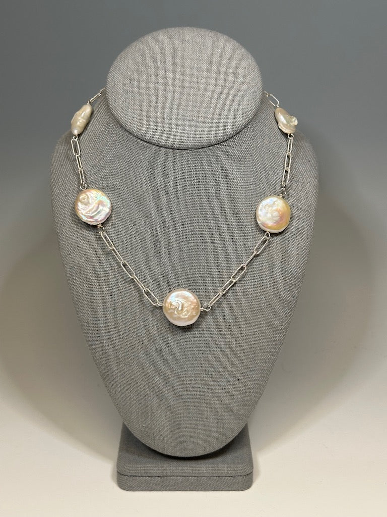 FRESH WATER DOLLAR PEARLS WITH STERLING SILVER NECKLACE  LCN580