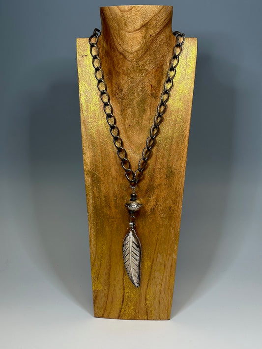 LEATHER AND BRASS CARVED FEATHER NECKLACE LCN591