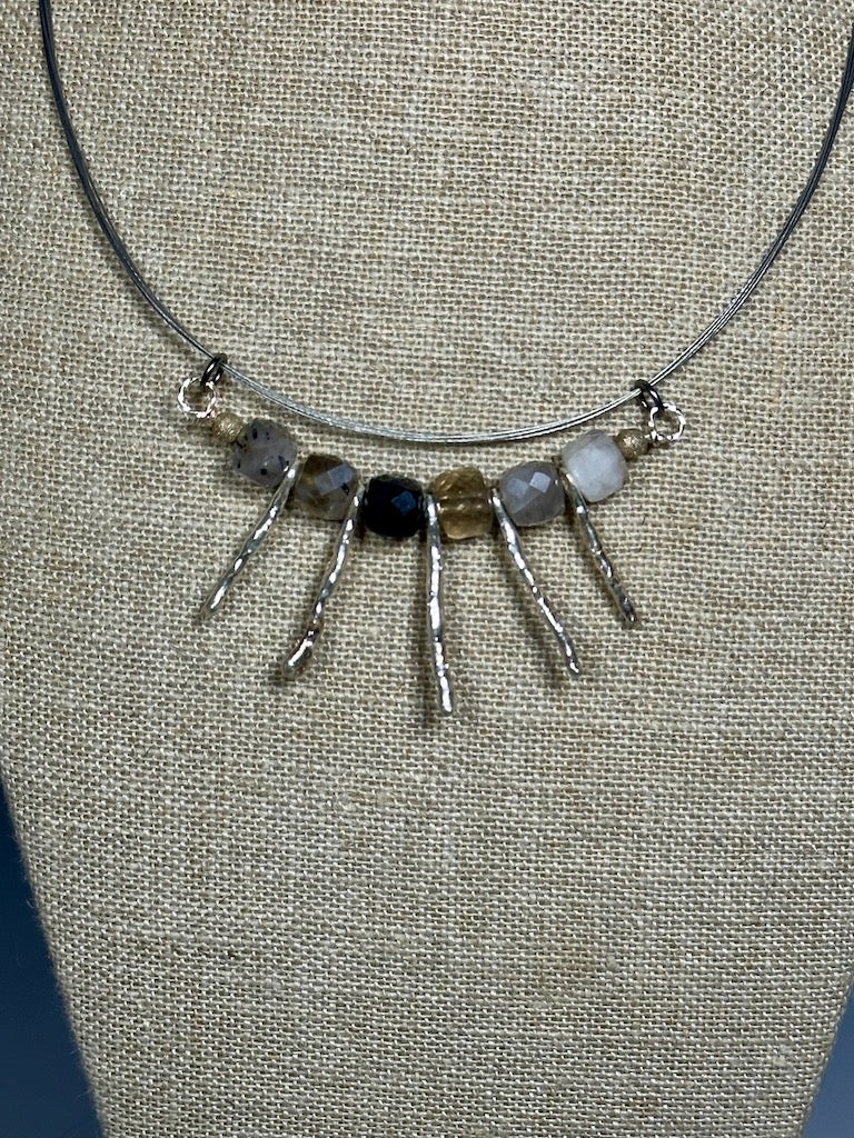 TERMILATED QUARTZ AND HIGH HILL AFRICAN SILVER NECK WIRE NECKLACE