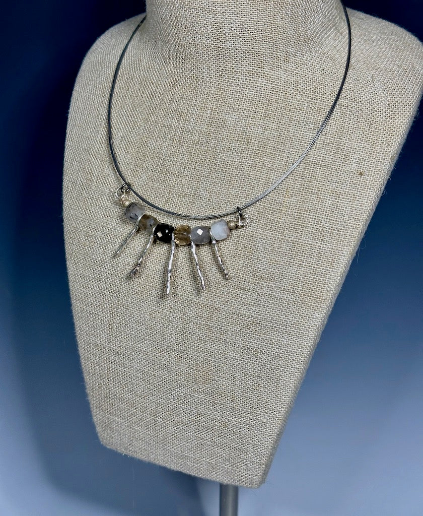 TERMILATED QUARTZ AND HIGH HILL AFRICAN SILVER NECK WIRE NECKLACE