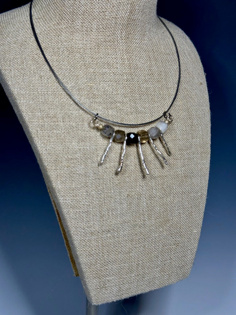 TERMILATED QUARTZ AND HIGH HILL AFRICAN SILVER NECK WIRE NECKLACE