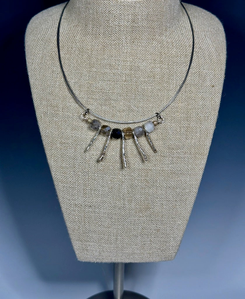 TERMILATED QUARTZ AND HIGH HILL AFRICAN SILVER NECK WIRE NECKLACE