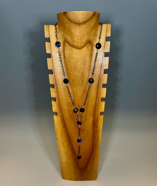 LABRADORITE AND HEMATITE CHAIN LONG STATEMENT NECKLACE LCN636