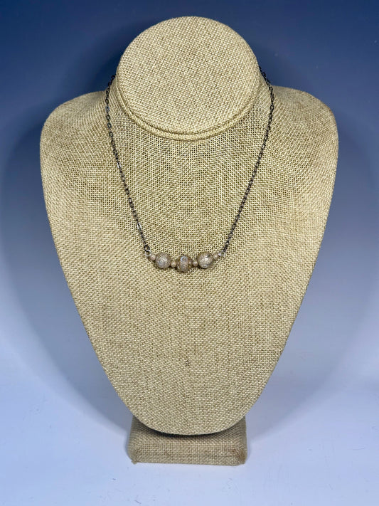 VINTAGE SILVER TRIPLE BEAD NECKLACE WITH OXIDIZED SS CHAIN LCN652