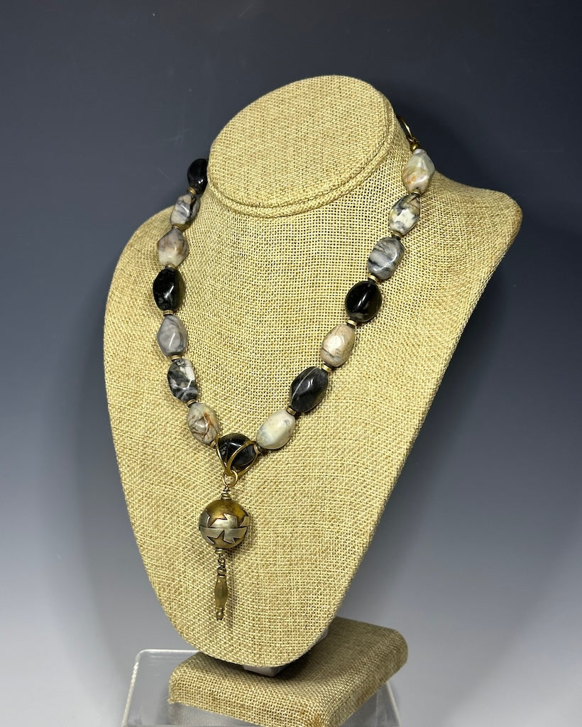 PICASSO MARBLE NECKLACE WITH AFGHAN BRASS AND STERLING SILVER PENDANT  LCN658