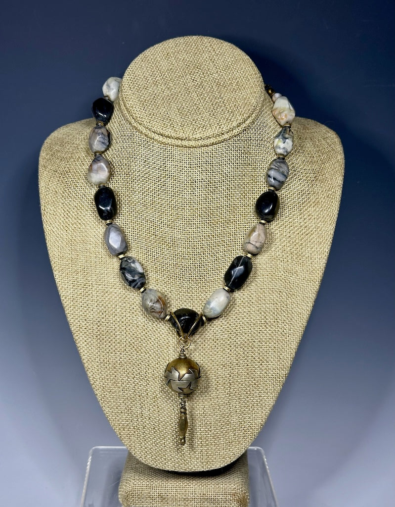 PICASSO MARBLE NECKLACE WITH AFGHAN BRASS AND STERLING SILVER PENDANT  LCN658