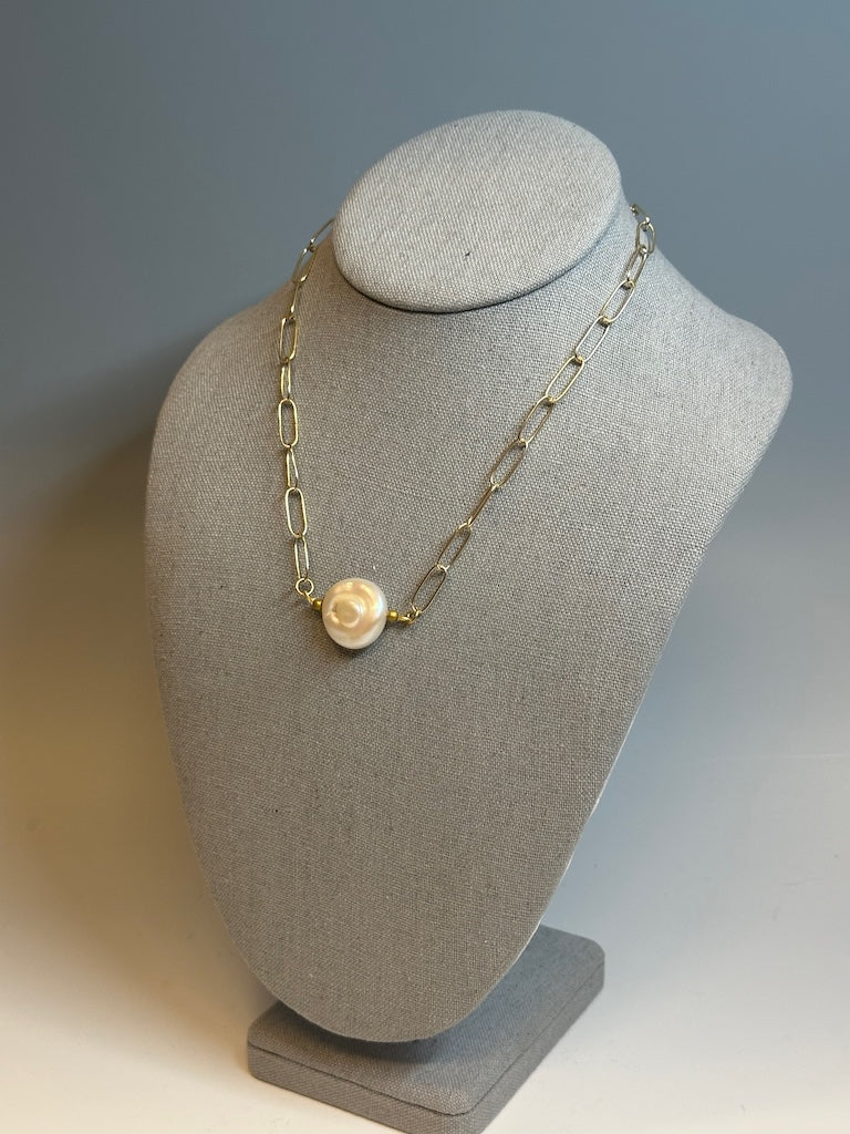 SIMPLE FRESH WATER PEARL WITH GOLD PLATED STERLING SILVER CHAIN NECKLACE LCN673