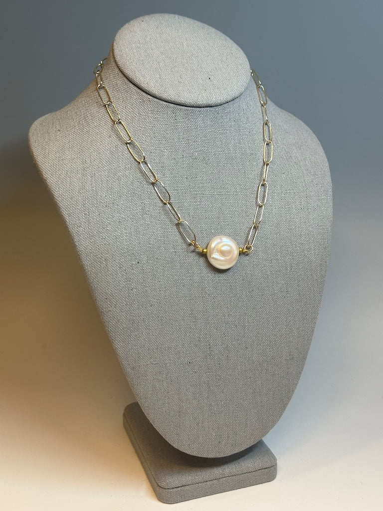 SIMPLE FRESH WATER PEARL WITH GOLD PLATED STERLING SILVER CHAIN NECKLACE LCN673