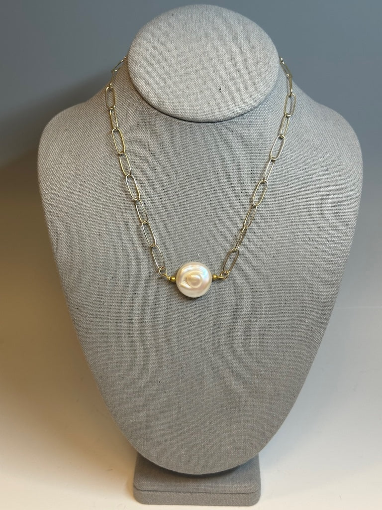 SIMPLE FRESH WATER PEARL WITH GOLD PLATED STERLING SILVER CHAIN NECKLACE LCN673