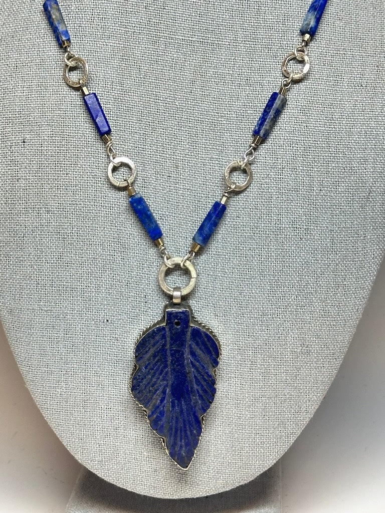 AFGHAN LAPIS WITH LAPIS AND STERLING SILVER FOCAL PENDANT NECKLACE LCN680