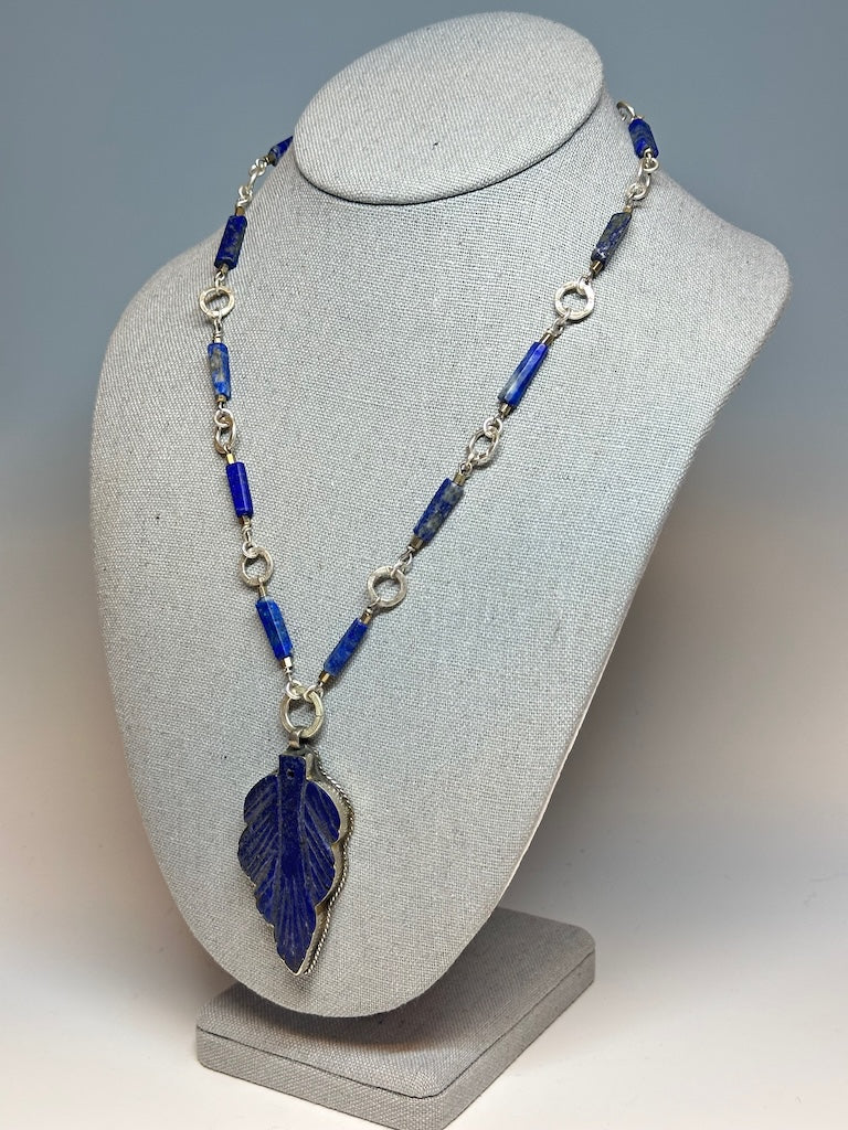 AFGHAN LAPIS WITH LAPIS AND STERLING SILVER FOCAL PENDANT NECKLACE LCN680