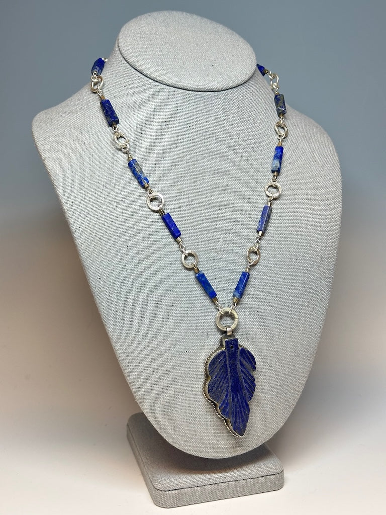 AFGHAN LAPIS WITH LAPIS AND STERLING SILVER FOCAL PENDANT NECKLACE LCN680