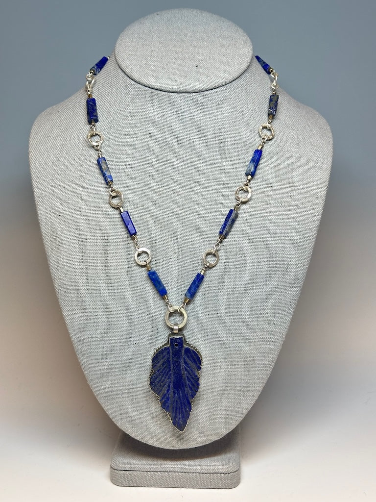 AFGHAN LAPIS WITH LAPIS AND STERLING SILVER FOCAL PENDANT NECKLACE LCN680