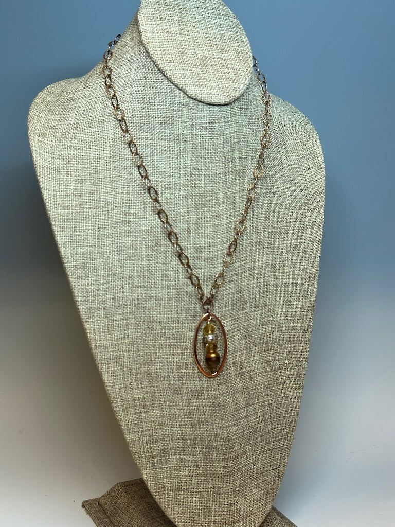 CITRINE AND FRESH ATER PEARL PENDANT NECKLACE WITH COPPER AND LEATHER  LCN682