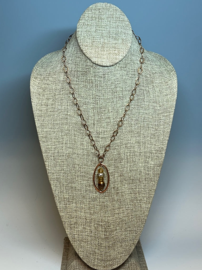 CITRINE AND FRESH ATER PEARL PENDANT NECKLACE WITH COPPER AND LEATHER  LCN682