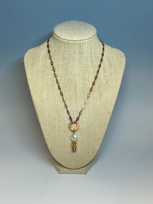 COPPER WITH FRESHWAER PEARL AND CITRINE NECKLACE LCN683