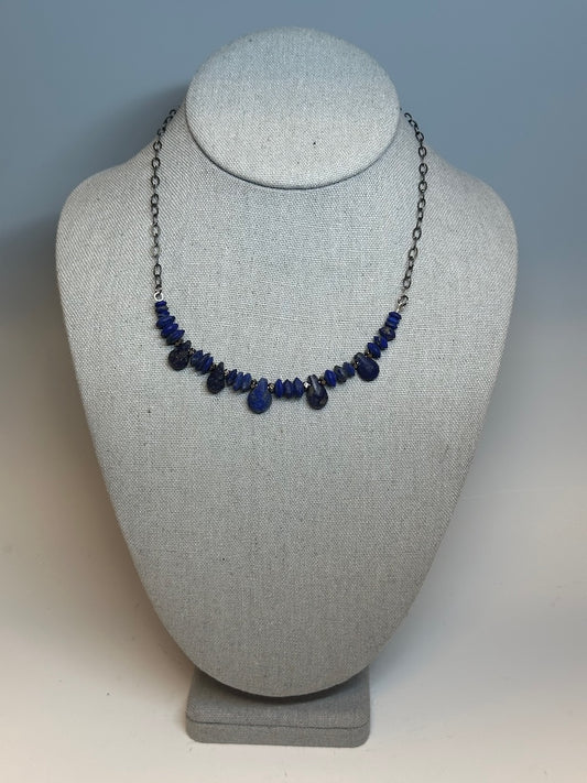 AFGHAN LAPIS AND HEMATITE NECKLACE WITH OXIDIZED STERLING SILVER CHAIN LCN684